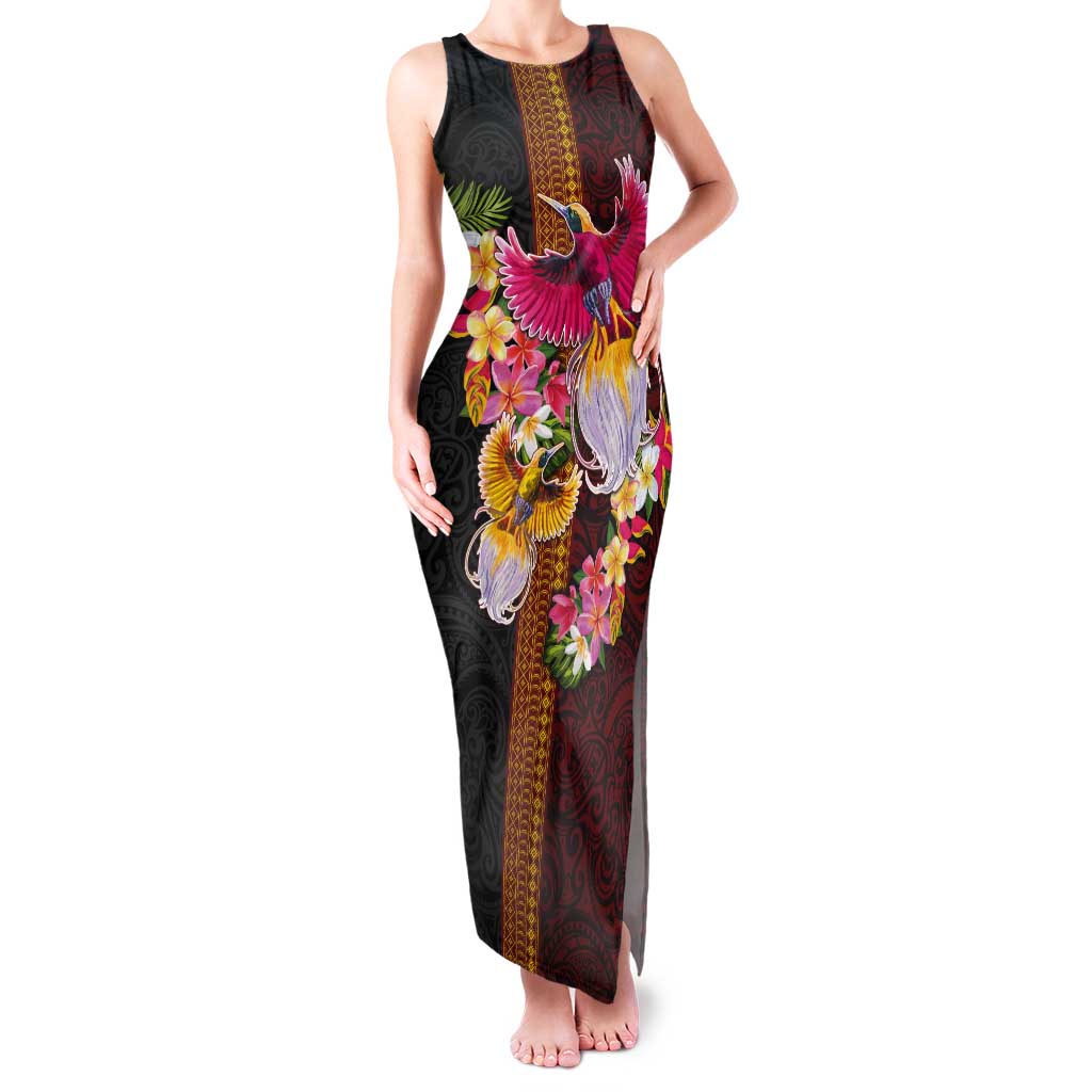 Papua New Guinea Birds and Frangipani Tank Maxi Dress Melanesian Art Tattoos LT03 Women Black - Polynesian Pride