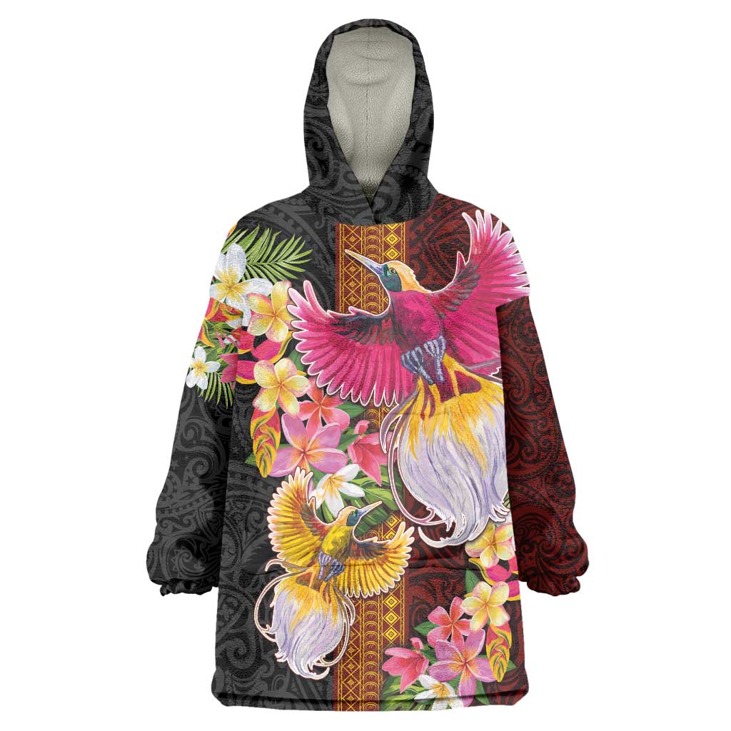 Papua New Guinea Birds and Frangipani Wearable Blanket Hoodie Melanesian Art Tattoos LT03 One Size Black - Polynesian Pride
