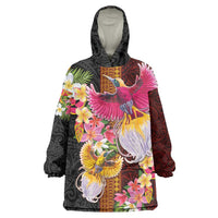 Papua New Guinea Birds and Frangipani Wearable Blanket Hoodie Melanesian Art Tattoos LT03 One Size Black - Polynesian Pride