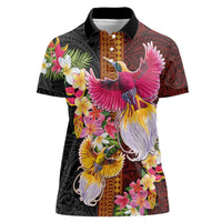 Papua New Guinea Birds and Frangipani Women Polo Shirt Melanesian Art Tattoos LT03 Female Black - Polynesian Pride