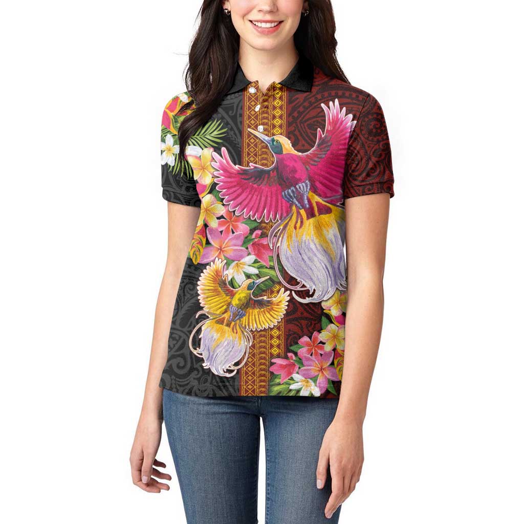 Papua New Guinea Birds and Frangipani Women Polo Shirt Melanesian Art Tattoos LT03 - Polynesian Pride