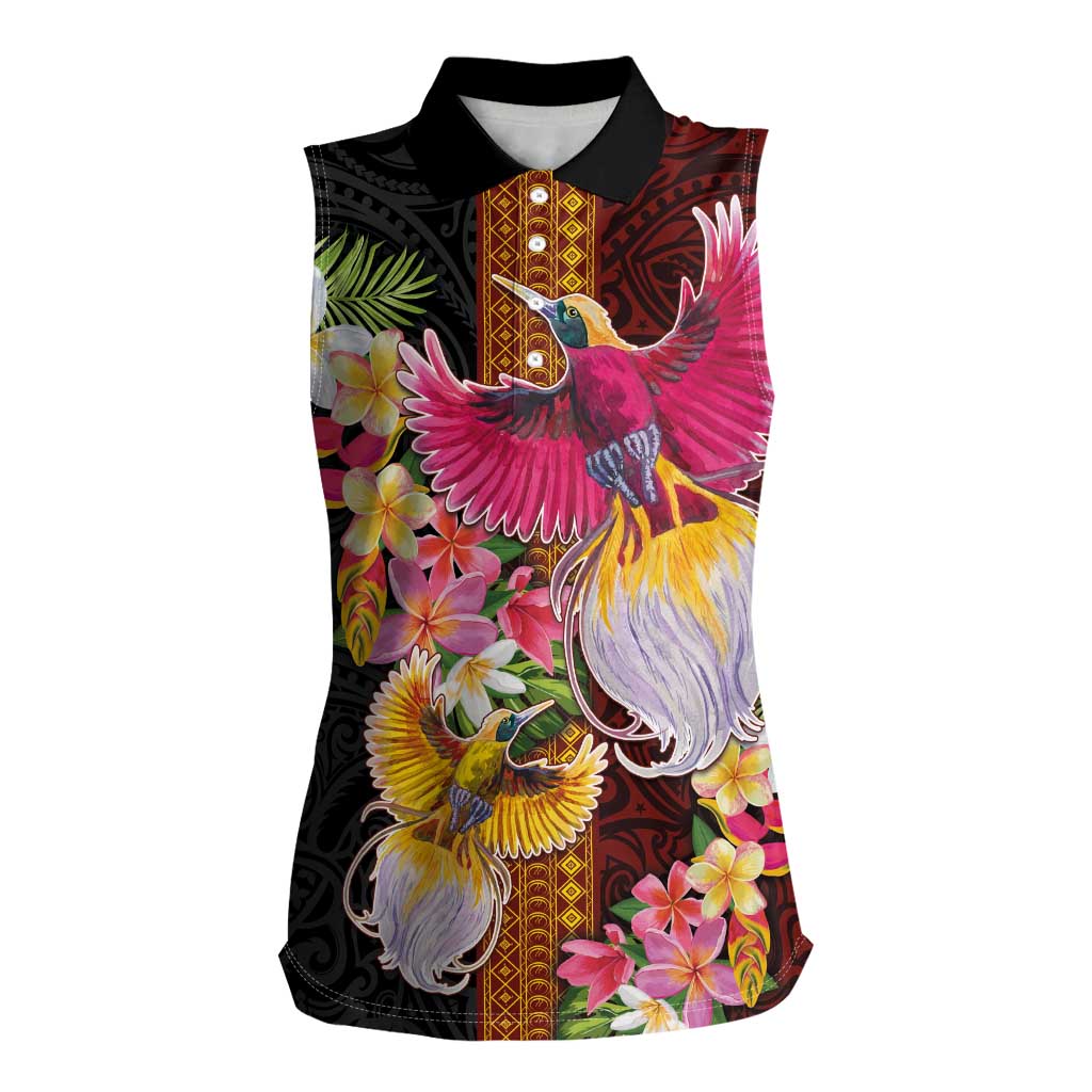 Papua New Guinea Birds and Frangipani Women Sleeveless Polo Shirt Melanesian Art Tattoos LT03 Female Black - Polynesian Pride