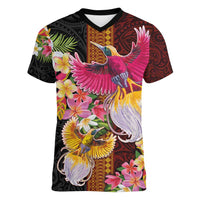 Papua New Guinea Birds and Frangipani Women V-Neck T-Shirt Melanesian Art Tattoos LT03 Female Black - Polynesian Pride