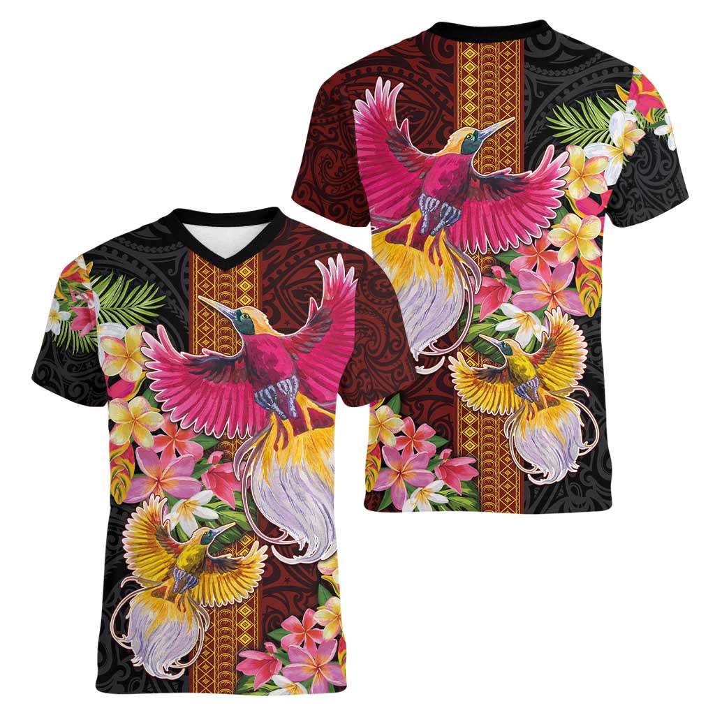 Papua New Guinea Birds and Frangipani Women V-Neck T-Shirt Melanesian Art Tattoos LT03 - Polynesian Pride