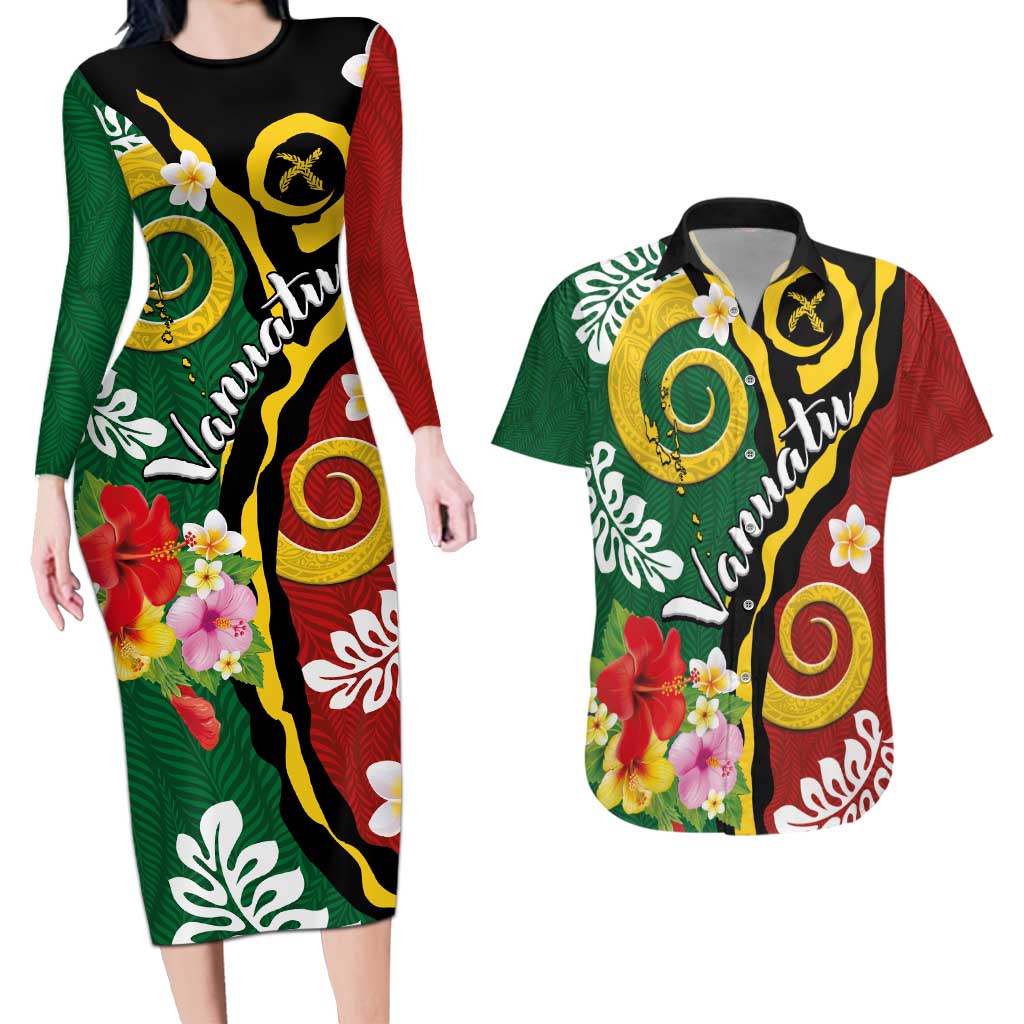 Melanesian Vanuatu Tribal Boar Tusk Couples Matching Long Sleeve Bodycon Dress and Hawaiian Shirt Tropical Plants and Namele Motifs LT03 Green - Polynesian Pride