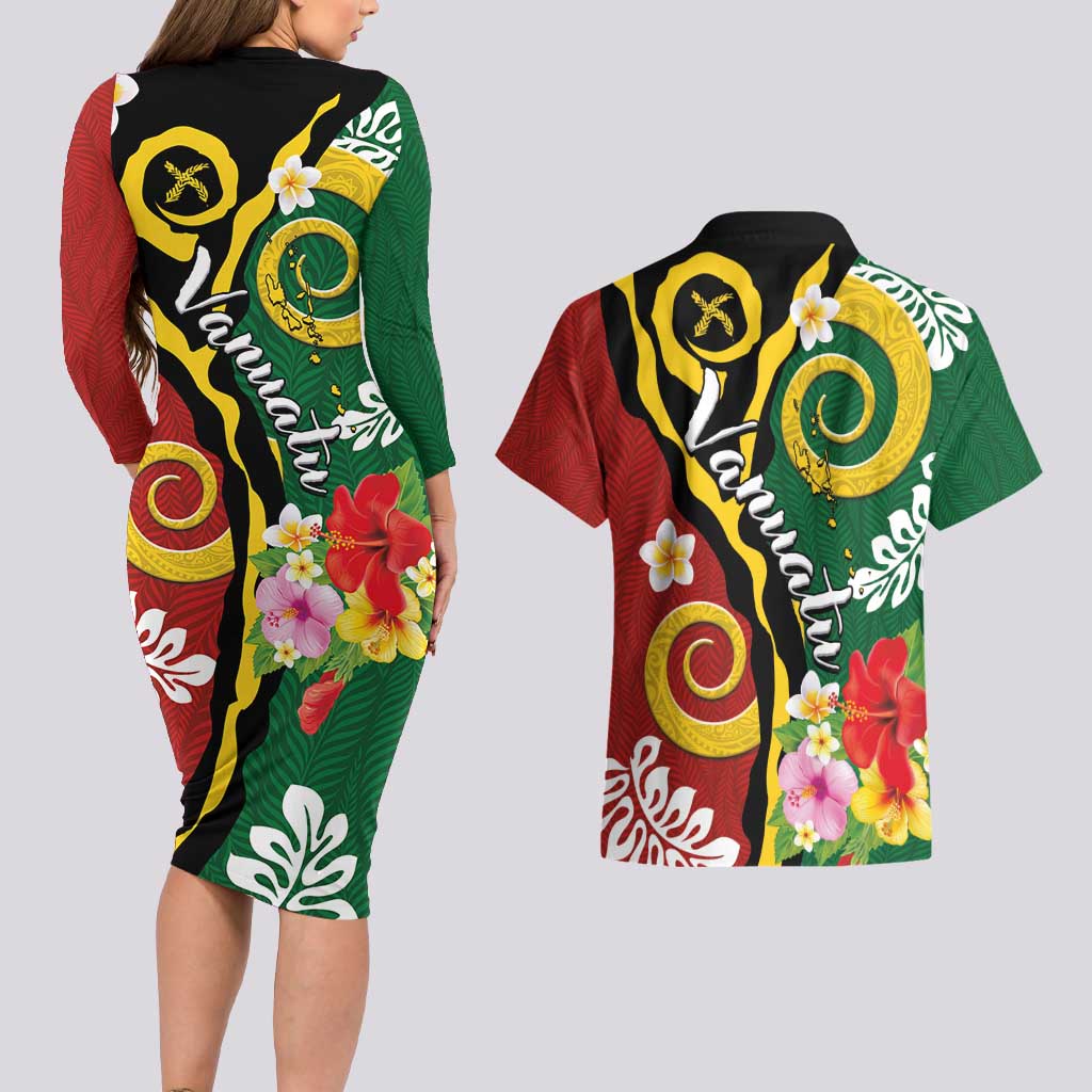 Melanesian Vanuatu Tribal Boar Tusk Couples Matching Long Sleeve Bodycon Dress and Hawaiian Shirt Tropical Plants and Namele Motifs LT03 - Polynesian Pride