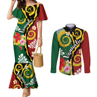 Melanesian Vanuatu Tribal Boar Tusk Couples Matching Mermaid Dress and Long Sleeve Button Shirt Tropical Plants and Namele Motifs LT03 Green - Polynesian Pride