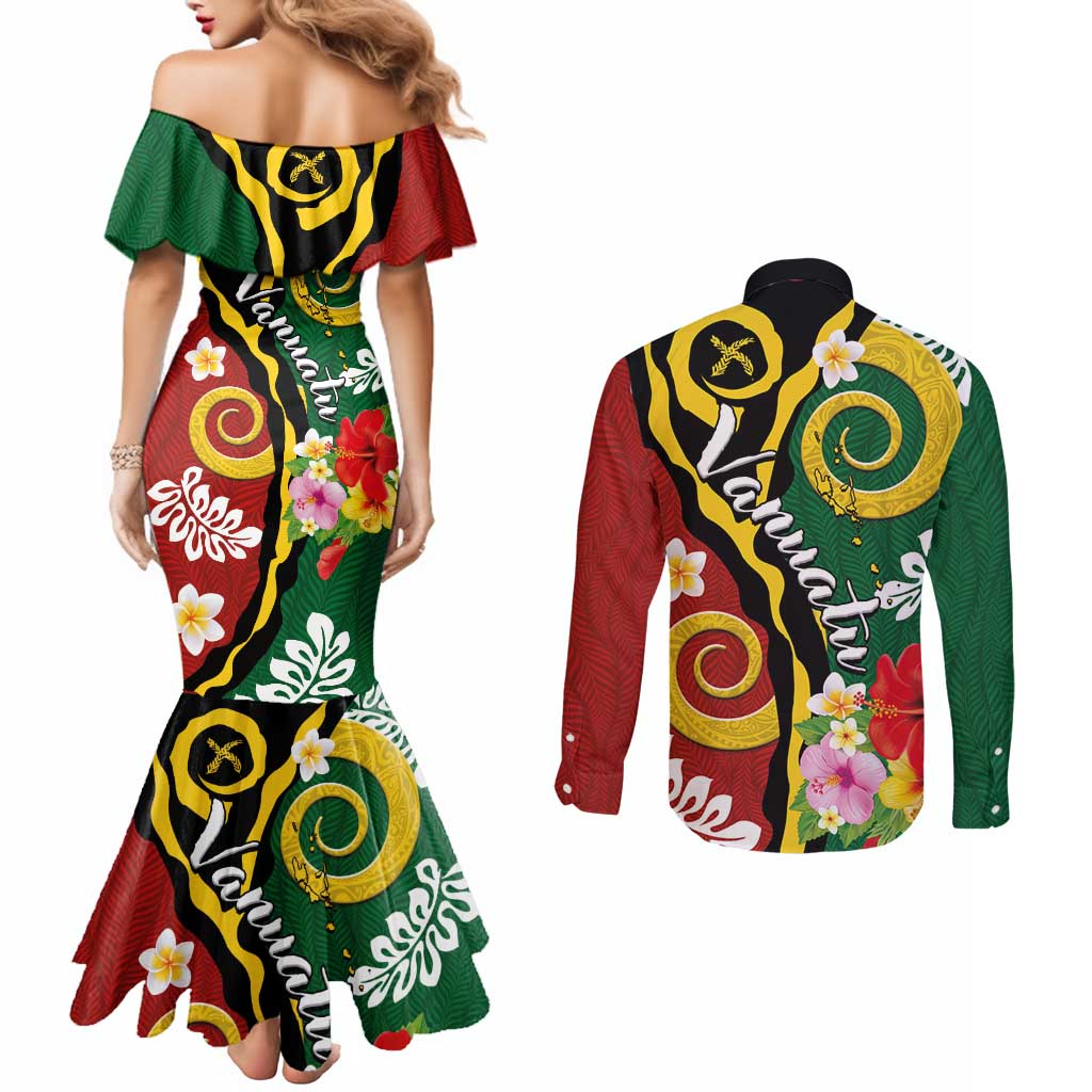 Melanesian Vanuatu Tribal Boar Tusk Couples Matching Mermaid Dress and Long Sleeve Button Shirt Tropical Plants and Namele Motifs LT03 - Polynesian Pride