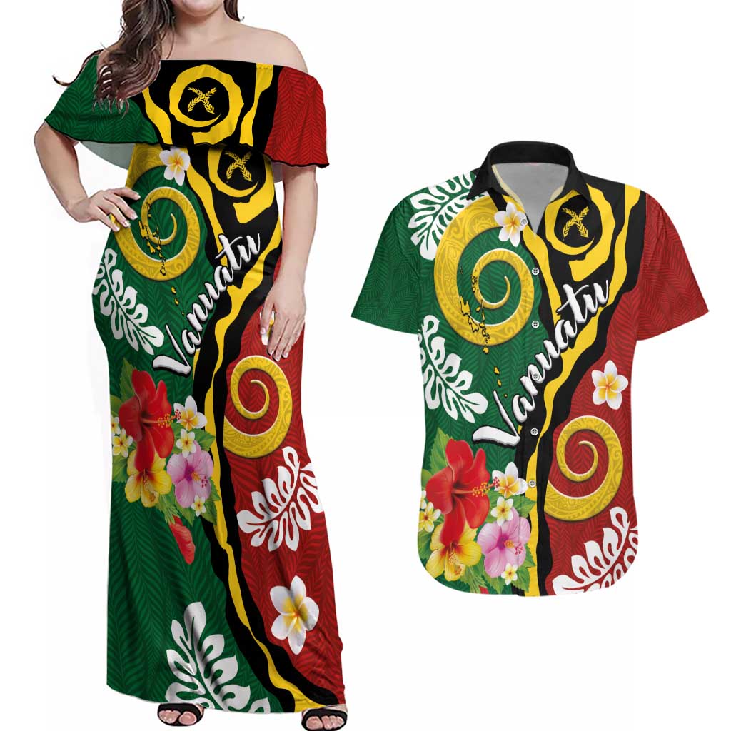 Melanesian Vanuatu Tribal Boar Tusk Couples Matching Off Shoulder Maxi Dress and Hawaiian Shirt Tropical Plants and Namele Motifs LT03 Green - Polynesian Pride