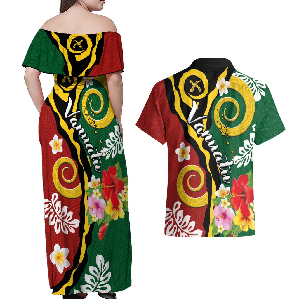 Melanesian Vanuatu Tribal Boar Tusk Couples Matching Off Shoulder Maxi Dress and Hawaiian Shirt Tropical Plants and Namele Motifs LT03 - Polynesian Pride