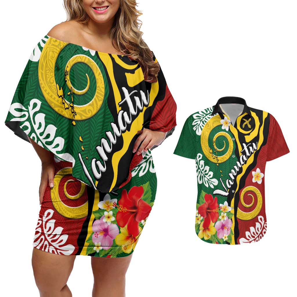 Melanesian Vanuatu Tribal Boar Tusk Couples Matching Off Shoulder Short Dress and Hawaiian Shirt Tropical Plants and Namele Motifs LT03 Green - Polynesian Pride
