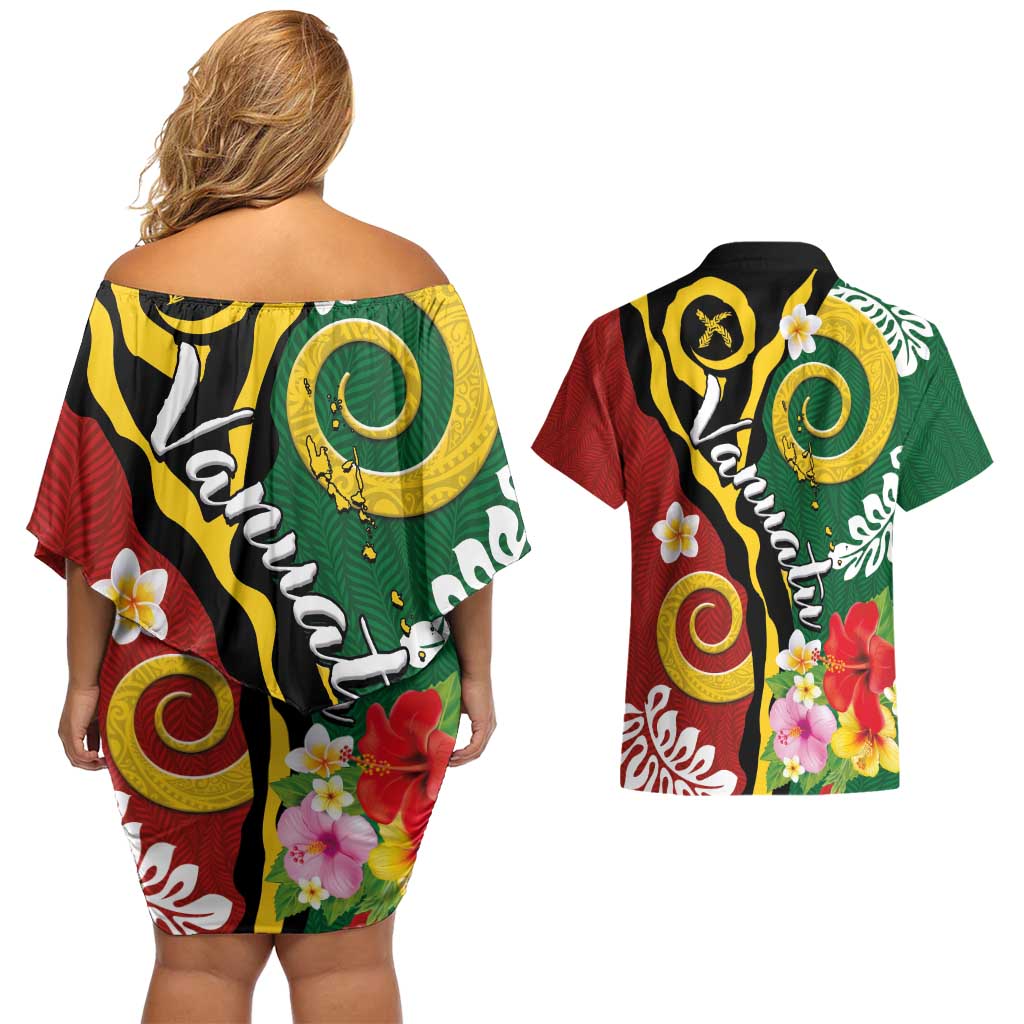 Melanesian Vanuatu Tribal Boar Tusk Couples Matching Off Shoulder Short Dress and Hawaiian Shirt Tropical Plants and Namele Motifs LT03 - Polynesian Pride