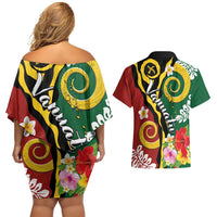 Melanesian Vanuatu Tribal Boar Tusk Couples Matching Off Shoulder Short Dress and Hawaiian Shirt Tropical Plants and Namele Motifs LT03 - Polynesian Pride