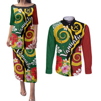 Melanesian Vanuatu Tribal Boar Tusk Couples Matching Puletasi and Long Sleeve Button Shirt Tropical Plants and Namele Motifs LT03 Green - Polynesian Pride