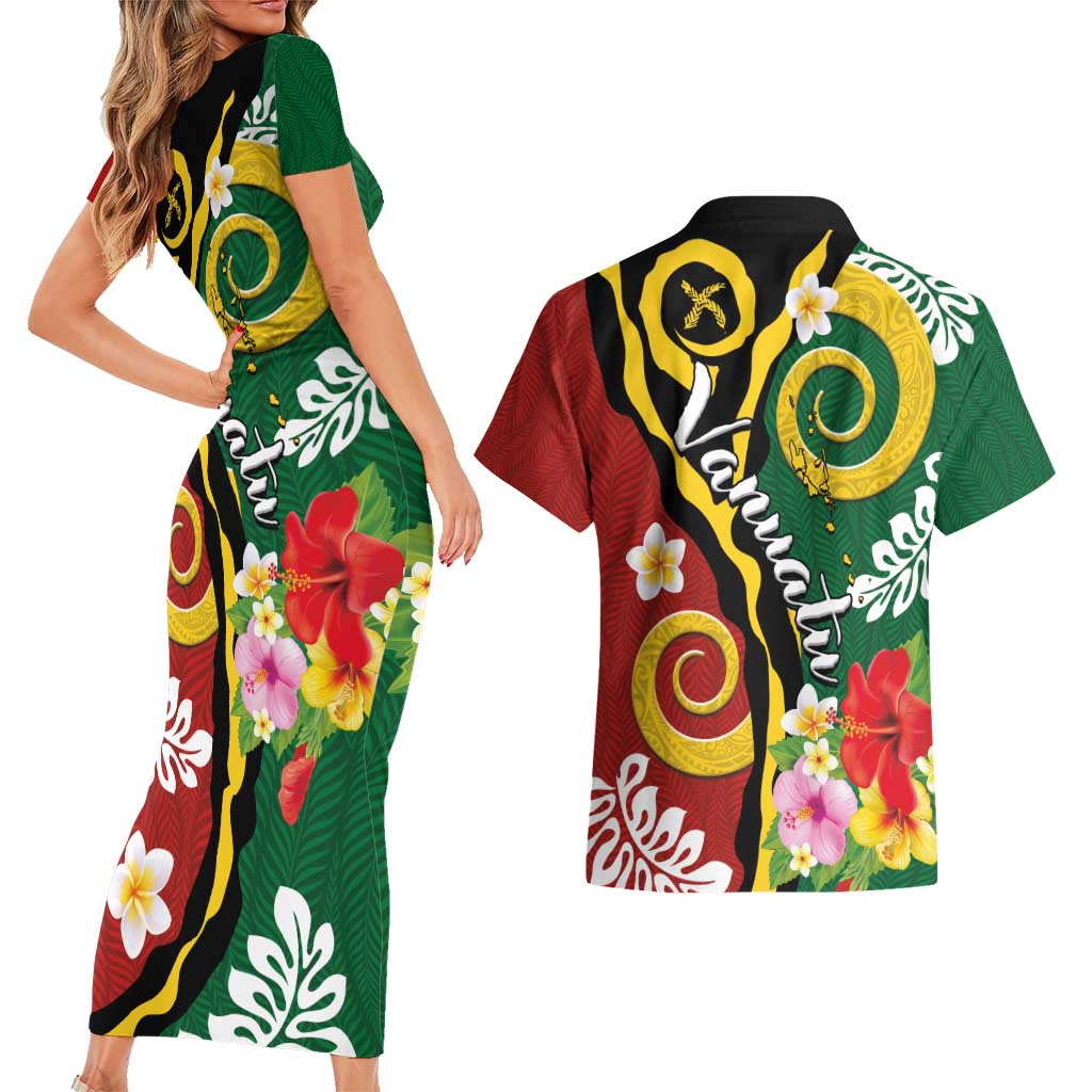 Melanesian Vanuatu Tribal Boar Tusk Couples Matching Short Sleeve Bodycon Dress and Hawaiian Shirt Tropical Plants and Namele Motifs LT03 - Polynesian Pride