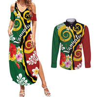 Melanesian Vanuatu Tribal Boar Tusk Couples Matching Summer Maxi Dress and Long Sleeve Button Shirt Tropical Plants and Namele Motifs LT03 Green - Polynesian Pride