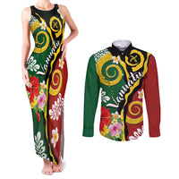 Melanesian Vanuatu Tribal Boar Tusk Couples Matching Tank Maxi Dress and Long Sleeve Button Shirt Tropical Plants and Namele Motifs LT03 Green - Polynesian Pride