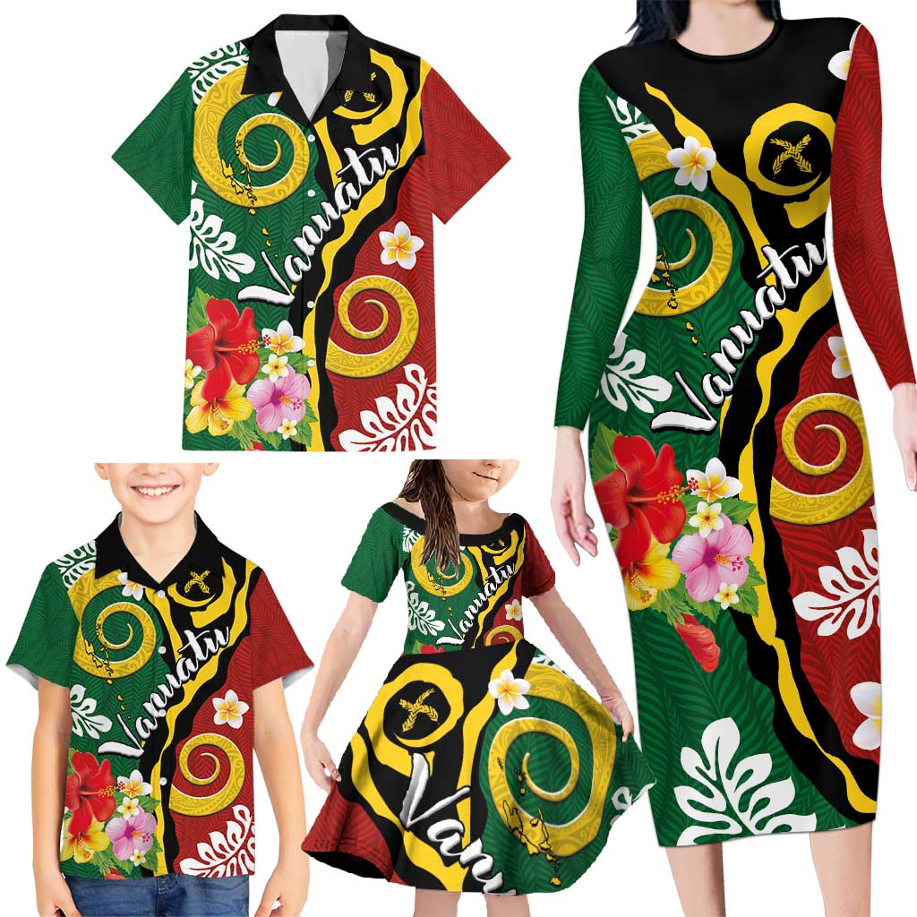 Melanesian Vanuatu Tribal Boar Tusk Family Matching Long Sleeve Bodycon Dress and Hawaiian Shirt Tropical Plants and Namele Motifs LT03 - Polynesian Pride
