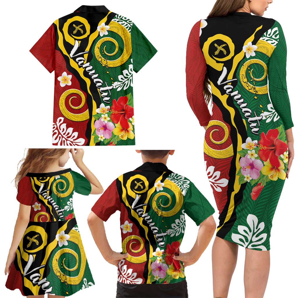 Melanesian Vanuatu Tribal Boar Tusk Family Matching Long Sleeve Bodycon Dress and Hawaiian Shirt Tropical Plants and Namele Motifs LT03 - Polynesian Pride