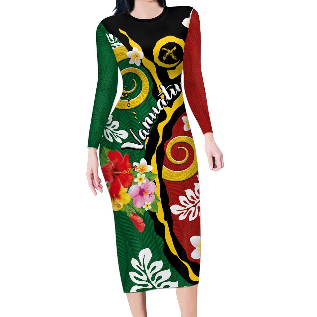 Melanesian Vanuatu Tribal Boar Tusk Family Matching Long Sleeve Bodycon Dress and Hawaiian Shirt Tropical Plants and Namele Motifs LT03 Mom's Dress Green - Polynesian Pride