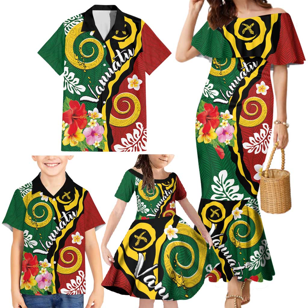 Melanesian Vanuatu Tribal Boar Tusk Family Matching Mermaid Dress and Hawaiian Shirt Tropical Plants and Namele Motifs - Polynesian Pride