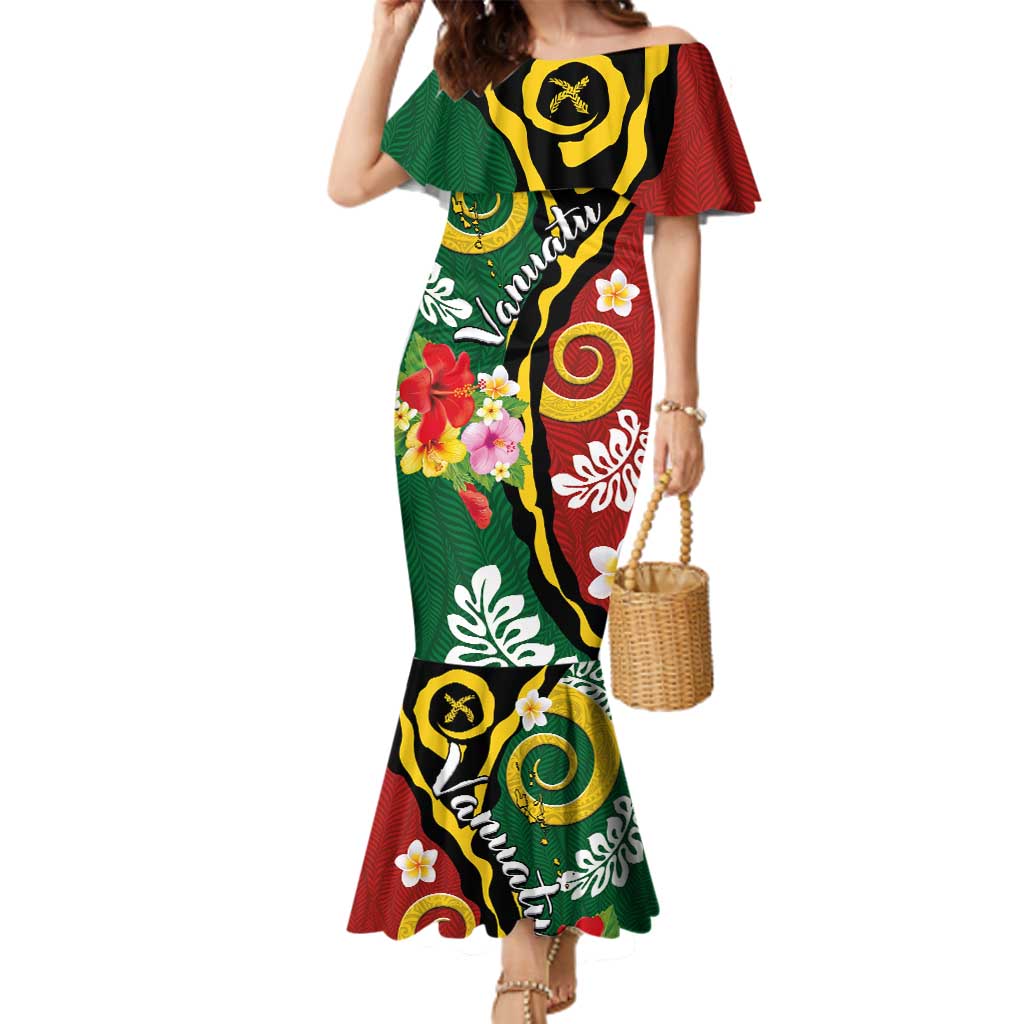 Melanesian Vanuatu Tribal Boar Tusk Family Matching Mermaid Dress and Hawaiian Shirt Tropical Plants and Namele Motifs LT03 Mom's Dress Green - Polynesian Pride