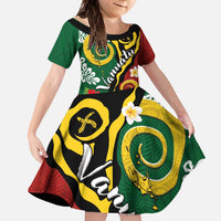 Melanesian Vanuatu Tribal Boar Tusk Family Matching Off Shoulder Maxi Dress and Hawaiian Shirt Tropical Plants and Namele Motifs LT03 Daughter's Dress Green - Polynesian Pride
