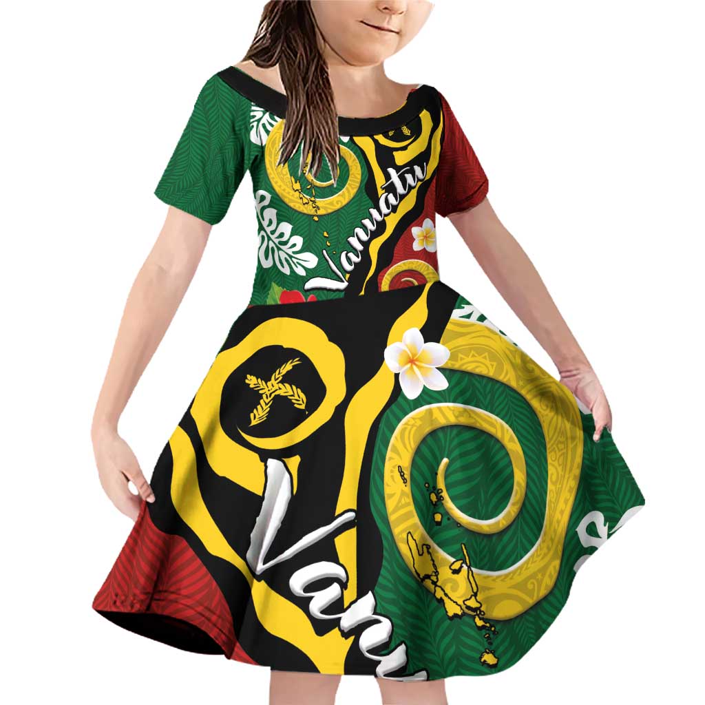 Melanesian Vanuatu Tribal Boar Tusk Family Matching Off Shoulder Short Dress and Hawaiian Shirt Tropical Plants and Namele Motifs LT03 Daughter's Dress Green - Polynesian Pride