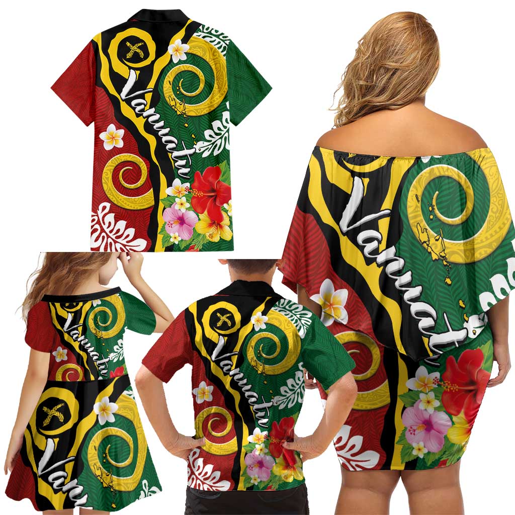 Melanesian Vanuatu Tribal Boar Tusk Family Matching Off Shoulder Short Dress and Hawaiian Shirt Tropical Plants and Namele Motifs LT03 - Polynesian Pride
