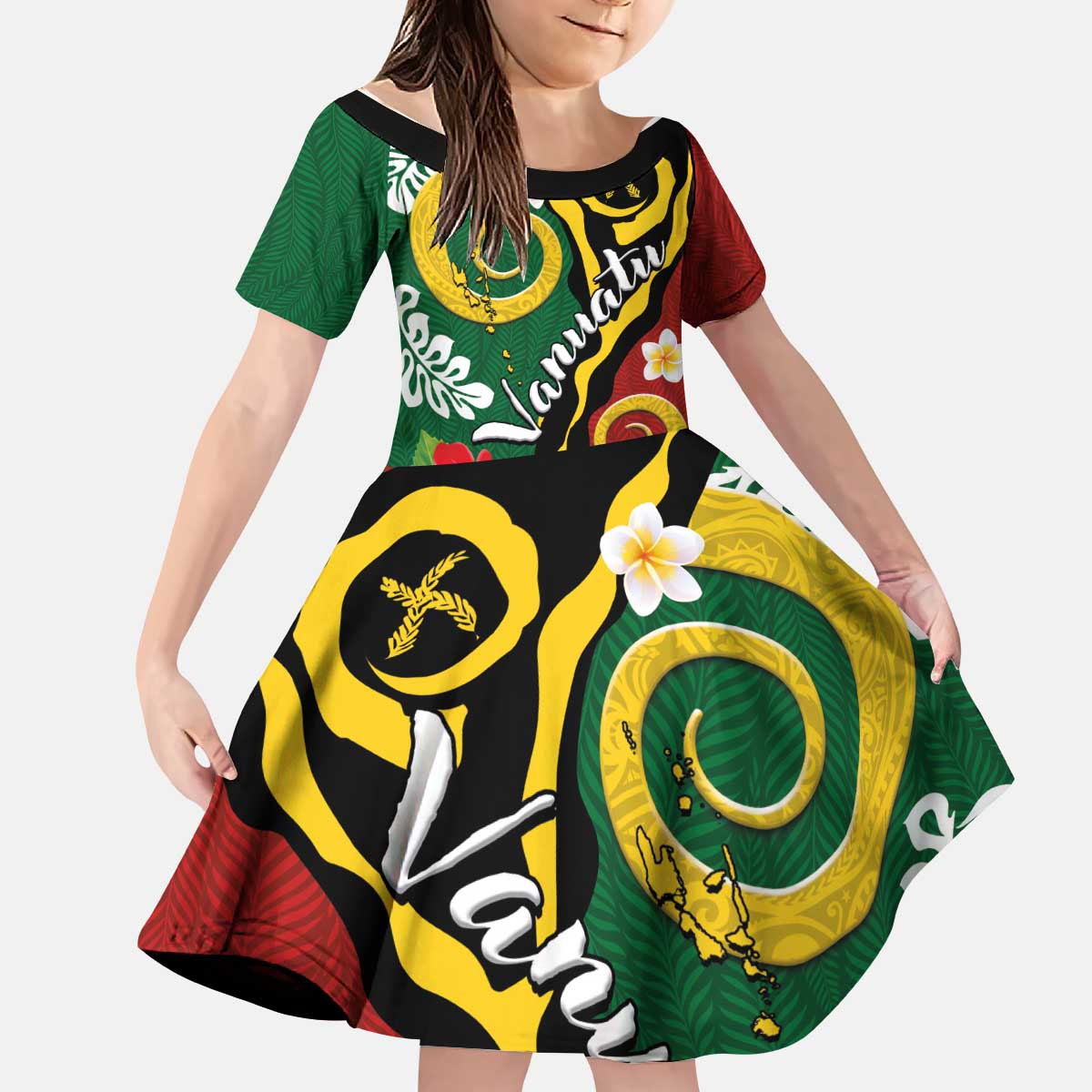 Melanesian Vanuatu Tribal Boar Tusk Kid Short Sleeve Dress Tropical Plants and Namele Motifs LT03 KID Green - Polynesian Pride