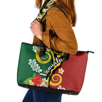 Melanesian Vanuatu Tribal Boar Tusk Leather Tote Bag Tropical Plants and Namele Motifs LT03 Green - Polynesian Pride