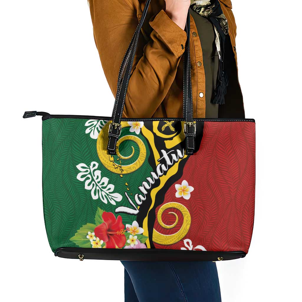 Melanesian Vanuatu Tribal Boar Tusk Leather Tote Bag Tropical Plants and Namele Motifs LT03 - Polynesian Pride