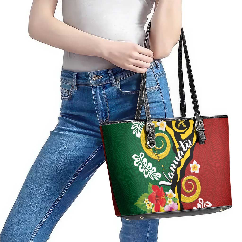 Melanesian Vanuatu Tribal Boar Tusk Leather Tote Bag Tropical Plants and Namele Motifs LT03 - Polynesian Pride