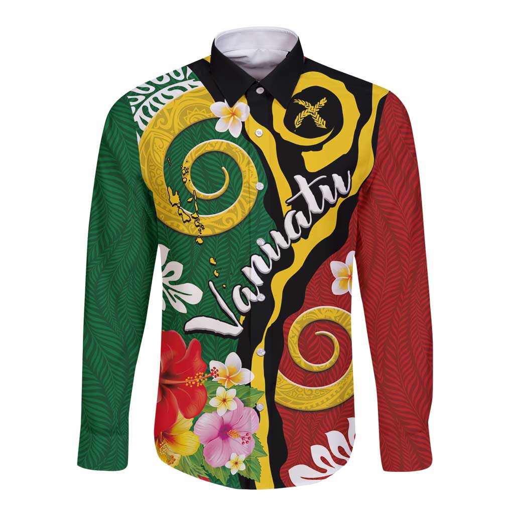 Melanesian Vanuatu Tribal Boar Tusk Long Sleeve Button Shirt Tropical Plants and Namele Motifs LT03 Unisex Green - Polynesian Pride
