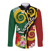 Melanesian Vanuatu Tribal Boar Tusk Long Sleeve Button Shirt Tropical Plants and Namele Motifs LT03 Unisex Green - Polynesian Pride