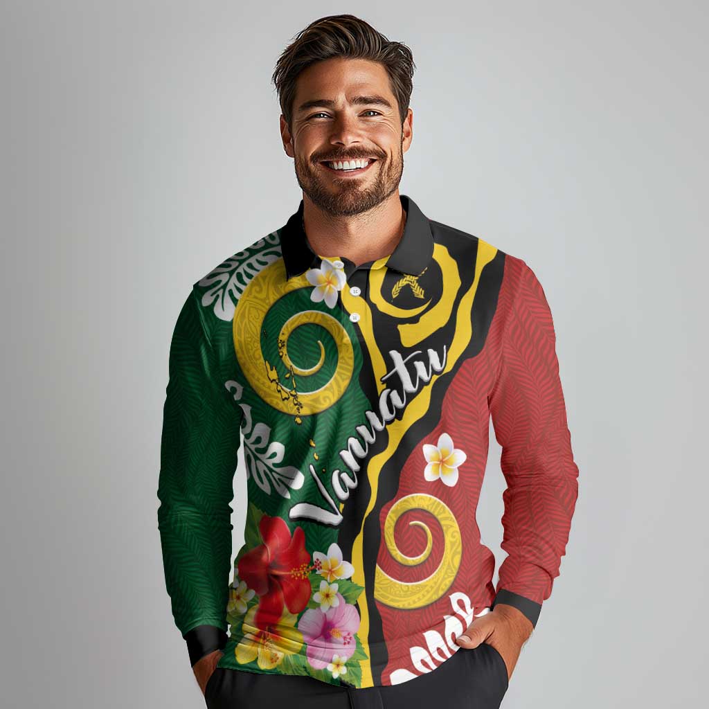 Melanesian Vanuatu Tribal Boar Tusk Long Sleeve Polo Shirt Tropical Plants and Namele Motifs LT03 - Polynesian Pride