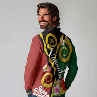 Melanesian Vanuatu Tribal Boar Tusk Long Sleeve Polo Shirt Tropical Plants and Namele Motifs LT03 - Polynesian Pride