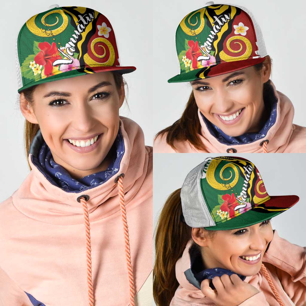 Melanesian Vanuatu Tribal Boar Tusk Mesh Trucker Cap Tropical Plants and Namele Motifs - Polynesian Pride