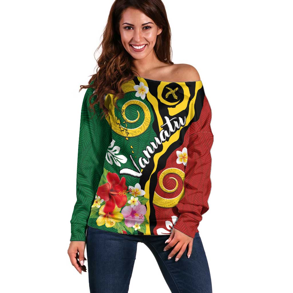 Melanesian Vanuatu Tribal Boar Tusk Off Shoulder Sweater Tropical Plants and Namele Motifs LT03 Women Green - Polynesian Pride