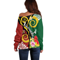 Melanesian Vanuatu Tribal Boar Tusk Off Shoulder Sweater Tropical Plants and Namele Motifs LT03 - Polynesian Pride