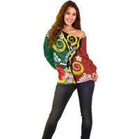 Melanesian Vanuatu Tribal Boar Tusk Off Shoulder Sweater Tropical Plants and Namele Motifs LT03 - Polynesian Pride