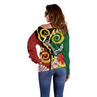 Melanesian Vanuatu Tribal Boar Tusk Off Shoulder Sweater Tropical Plants and Namele Motifs LT03 - Polynesian Pride
