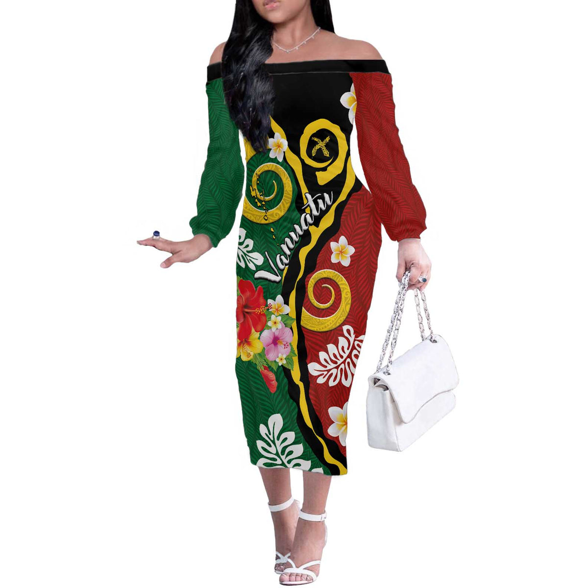 Melanesian Vanuatu Tribal Boar Tusk Off The Shoulder Long Sleeve Dress Tropical Plants and Namele Motifs LT03 Women Green - Polynesian Pride