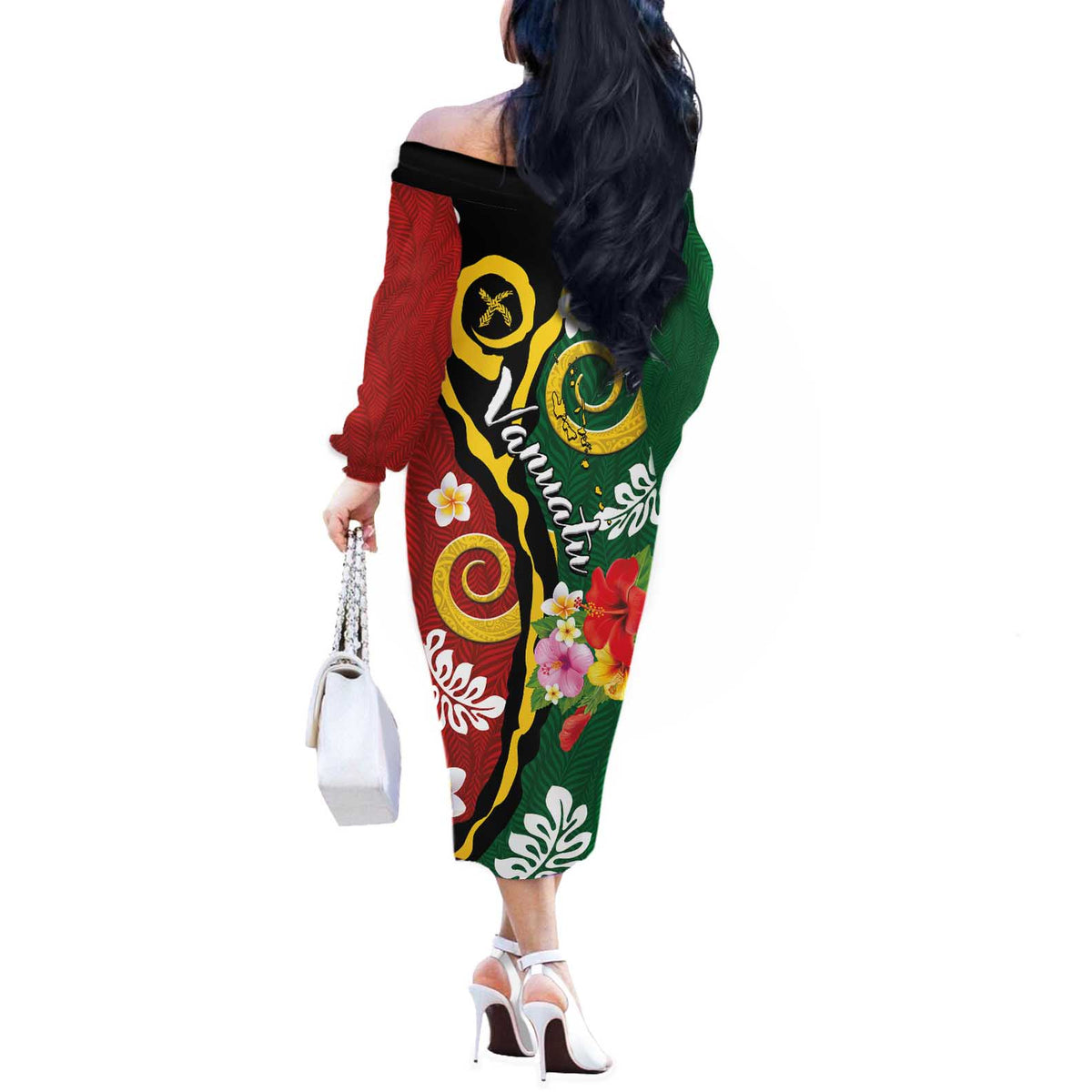 Melanesian Vanuatu Tribal Boar Tusk Off The Shoulder Long Sleeve Dress Tropical Plants and Namele Motifs LT03 - Polynesian Pride