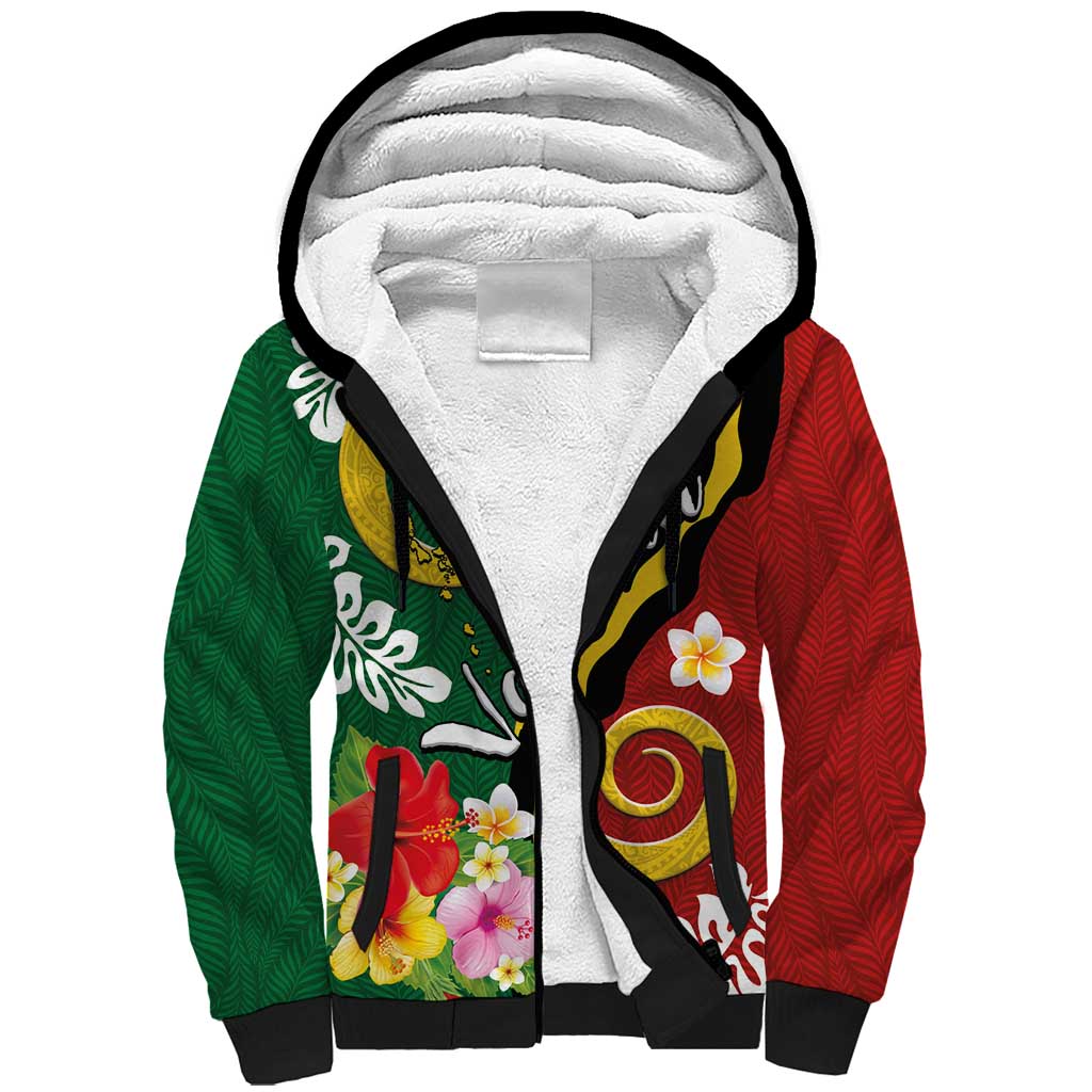 Melanesian Vanuatu Tribal Boar Tusk Sherpa Hoodie Tropical Plants and Namele Motifs LT03 Unisex Green - Polynesian Pride