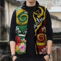 Melanesian Vanuatu Tribal Boar Tusk Sleeveless Puffer Jacket Tropical Plants and Namele Motifs - Polynesian Pride