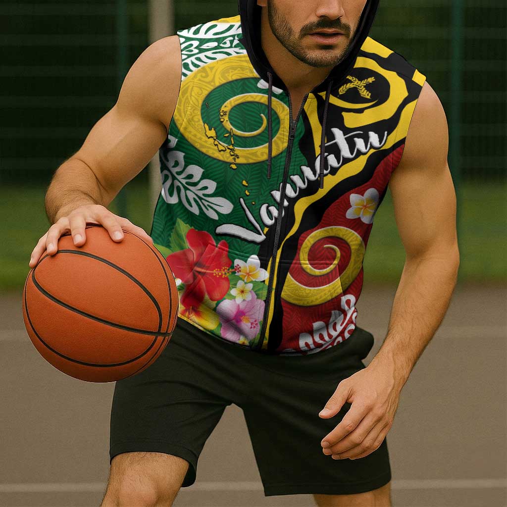 Melanesian Vanuatu Tribal Boar Tusk Sleeveless Zip Hoodie Tropical Plants and Namele Motifs LT03 - Polynesian Pride