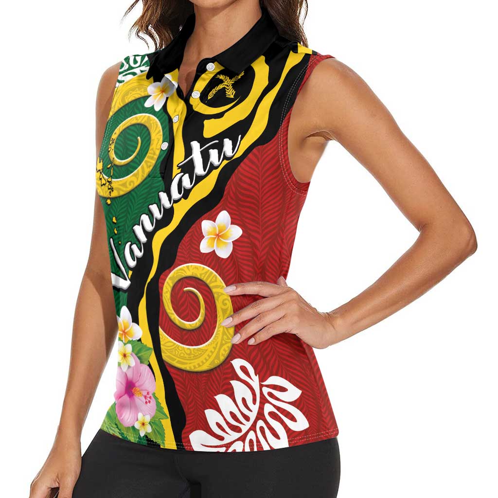 Melanesian Vanuatu Tribal Boar Tusk Women Sleeveless Polo Shirt Tropical Plants and Namele Motifs LT03 - Polynesian Pride