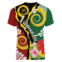 Melanesian Vanuatu Tribal Boar Tusk Women V-Neck T-Shirt Tropical Plants and Namele Motifs LT03 - Polynesian Pride