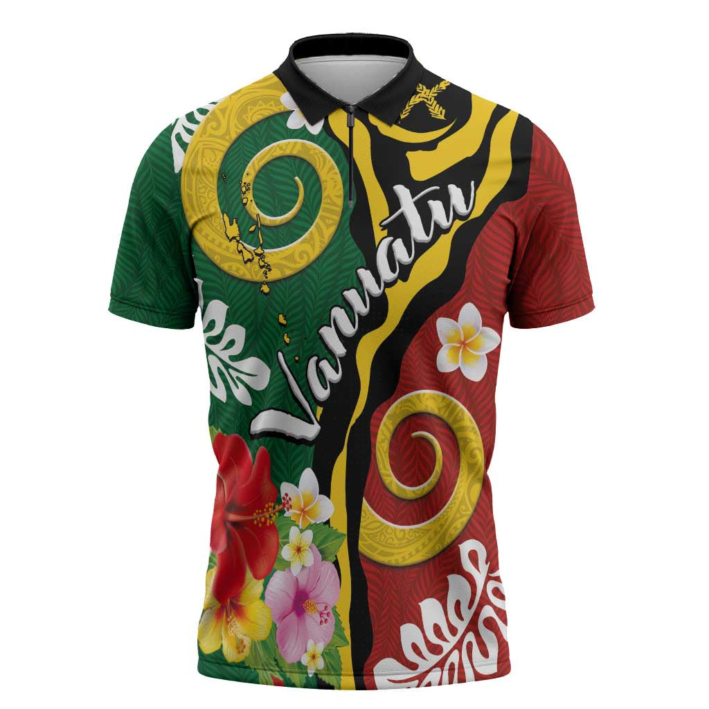 Melanesian Vanuatu Tribal Boar Tusk Zipper Polo Shirt Tropical Plants and Namele Motifs LT03 Green - Polynesian Pride